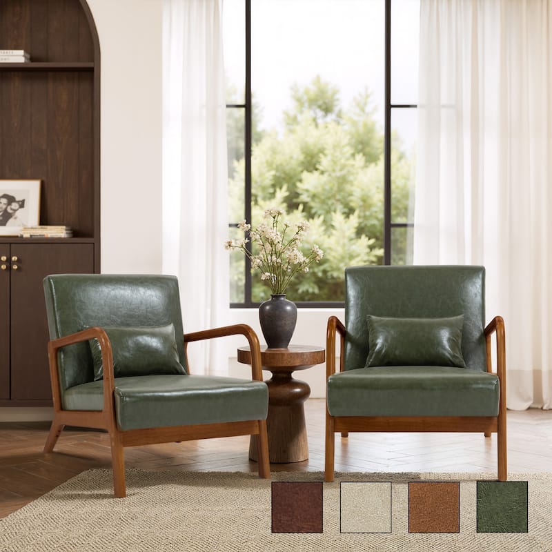 2 Set Mid-Century Modern Faux Leather Accent Chairs with Cushion