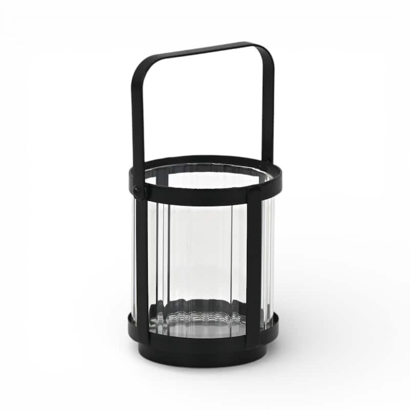 Vortial Fluted Glass Candle Lantern with Black Metal Frame