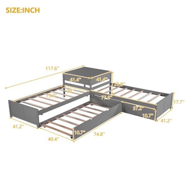 dimension image slide 1 of 3, L-shaped Twin Size Daybed Sets w/Trundle&Drawers, Solid Pine Platform Bedframe, 3 in 1 Wood Beds Frame Linked with Built-in Desk