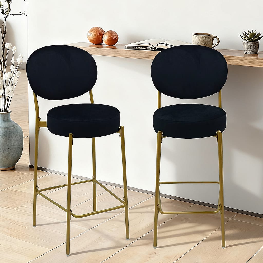 Set of 2 Modern Velvet Bar Stools with Gold Metal Legs, Round Counter Stools for Kitchen Island & Home Bar - Black