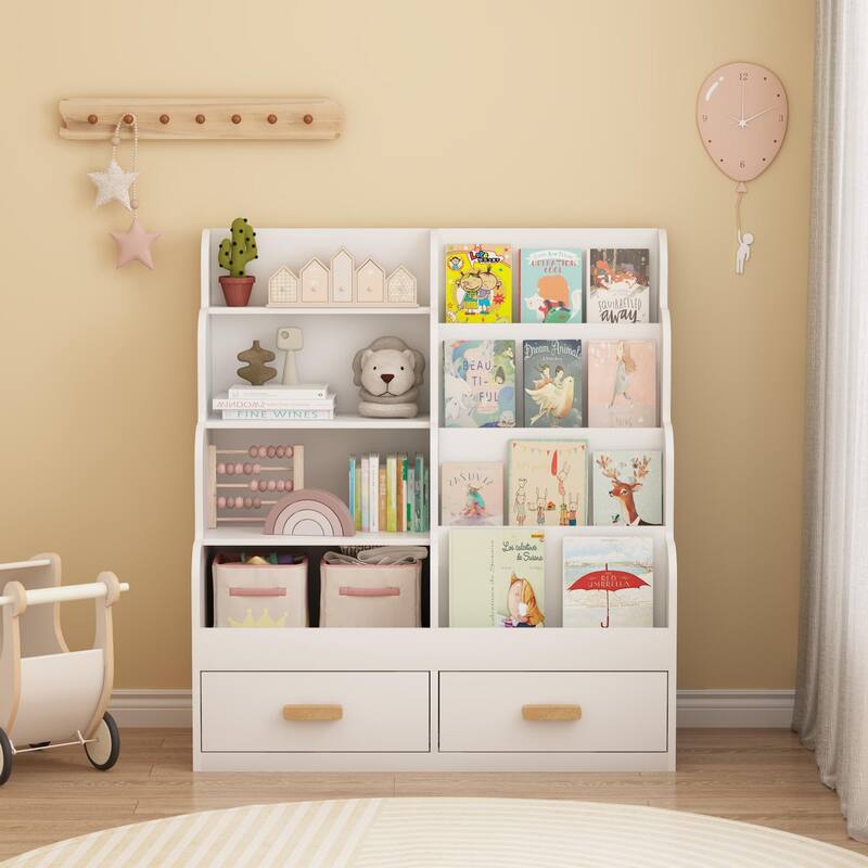 Kids Bookshelf with 2 Storage Drawers, Front-Facing Children's Bookcase and Toy Organizer, Multi-Tier Reading Shelf