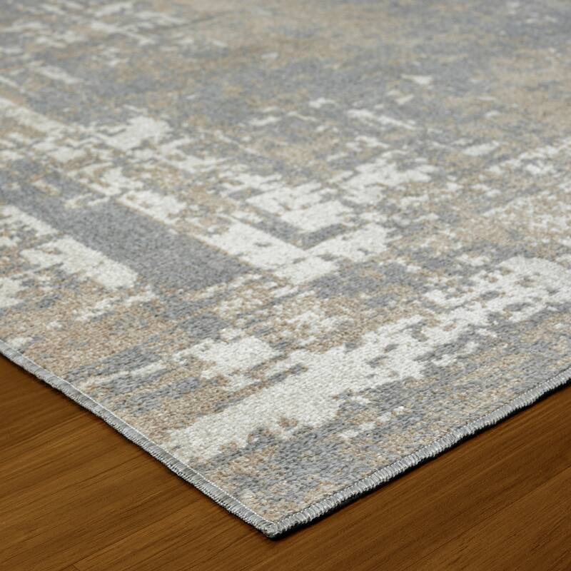 Sevita Distressed Border Gray Ivory Machine-Washable Rug