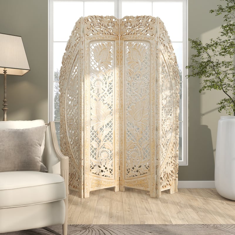 Wood Floral Handmade Foldable Arched 4 Panel Room Divider Screen with Intricately Carved Designs - White - Roche River Decor