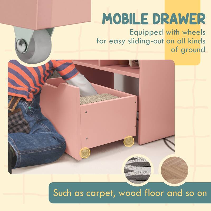 Kids Bookcase Multi-Shelf Rack Organizer with Storage Drawer for Books, Playroom, Pink