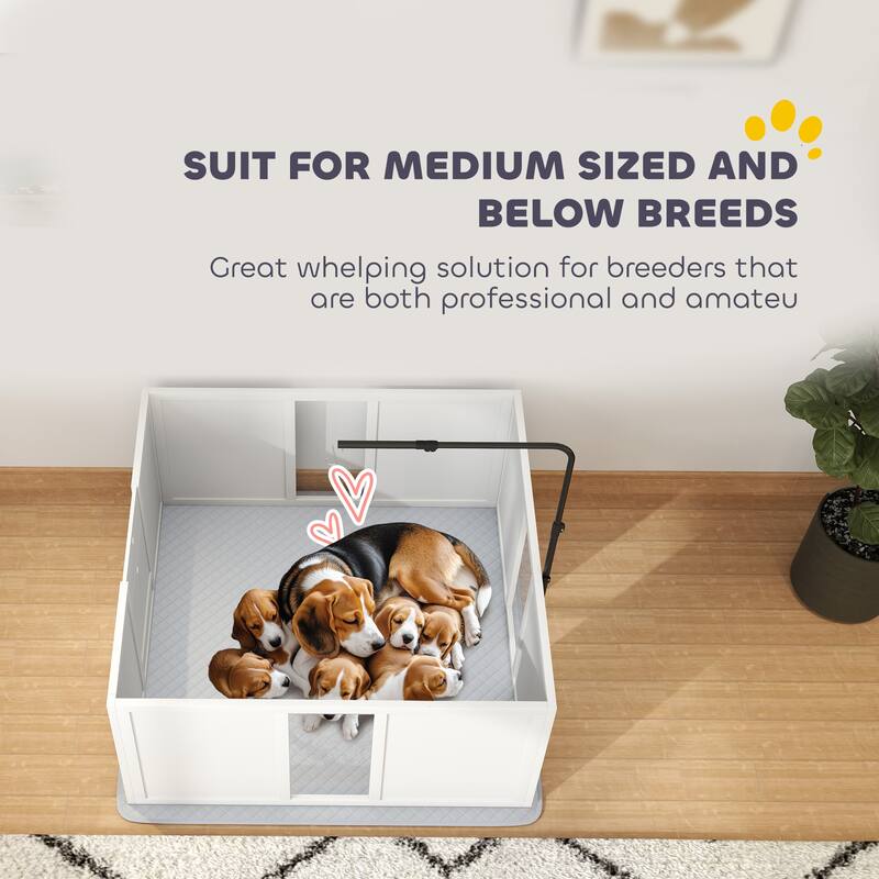 PawHut Whelping Box for Dogs, Newborn Puppy Supplies with Retractable Light Stand, Waterproof Pee Pad, Adjustable Height Door