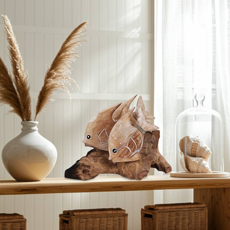 Wood Hand-Carved Fish Figurine Coastal Finish (Set of 2) - 9" Brown - 14" x 7.5" x 8.75"