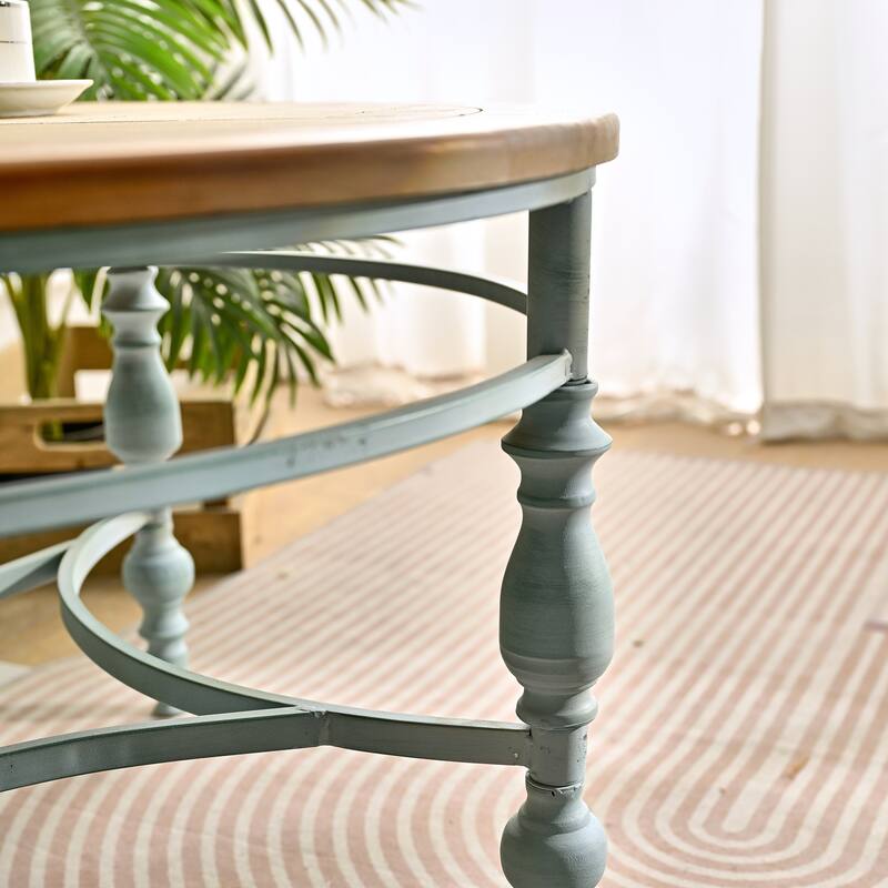 31.50" Accent Rustic Wooden Carved Coffee Table, Easy Assembly, Round Wooden Top Metal Leg Round End Table For Living Room