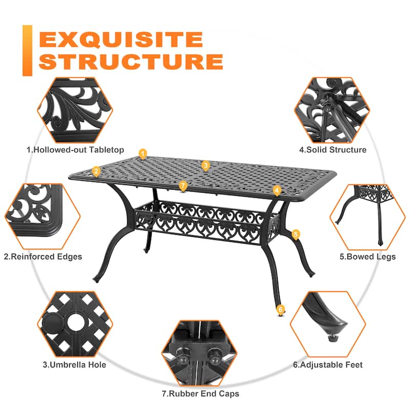 Outdoor 7-Piece Cast Aluminum Dining Set, Lattice and Floral Patterns