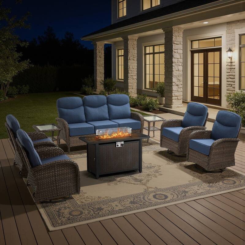 Luna 8-Piece Wicker Outdoor Patio Fire Pit Sofa Set with 6-Inch Thick Cushions