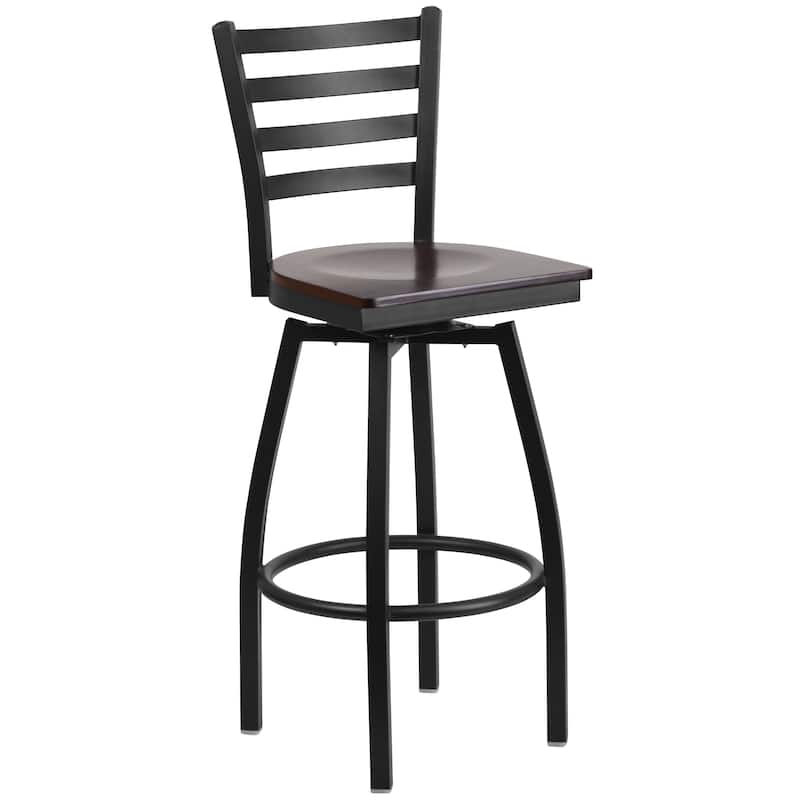 Ladder Back Swivel Metal Barstool - 16.5"W x 20.5"D x 44.5"H - 16.5"W x 20.5"D x 44.5"H - Walnut Wood Seat/ Black Metal Frame