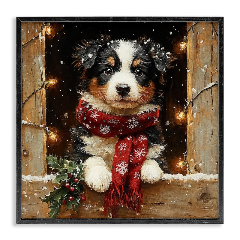 Stupell Snowy Christmas Lights Puppy Framed Giclee Art Design By Riley B - 12 x 12 - Black