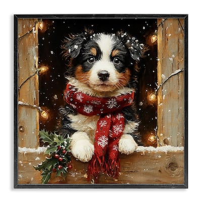 Stupell Snowy Christmas Lights Puppy Framed Giclee Art Design By Riley B