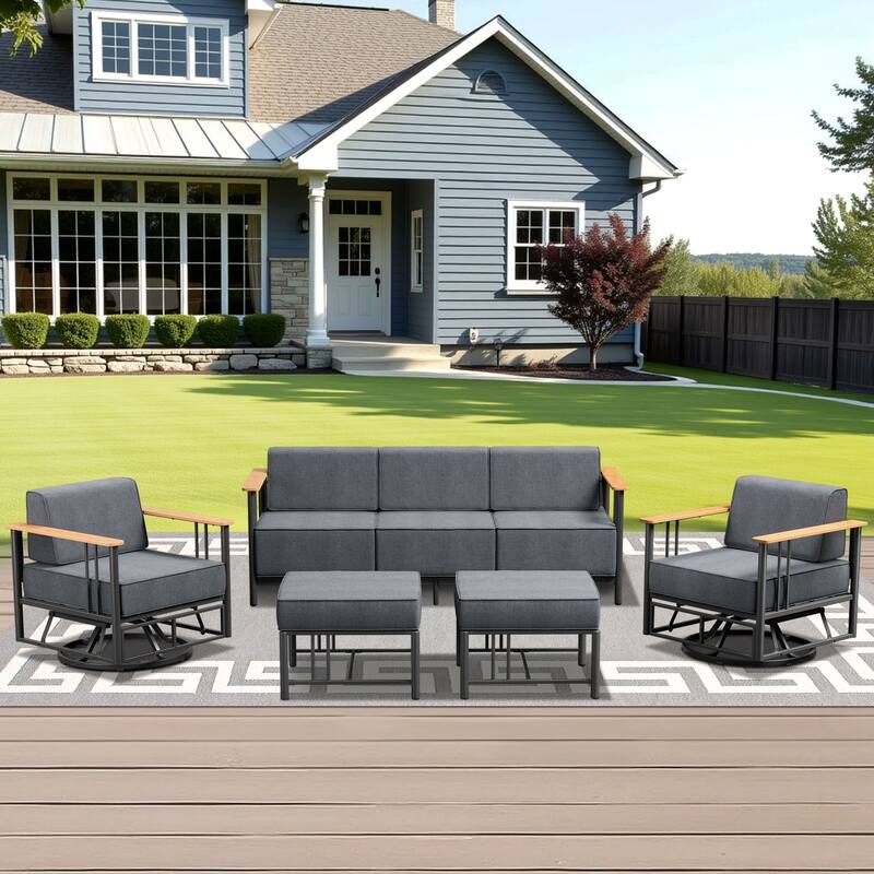 Outdoor Patio Funiture Set with Extra-Thick Seat cushion - Black & Dark Grey Cushion - 5PCS Sofa Swivel Chair with Ottoman