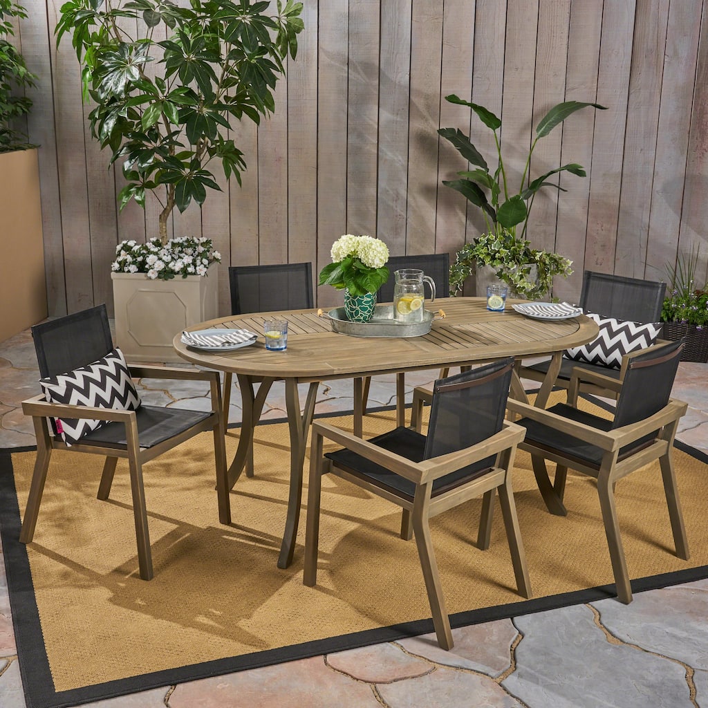 Arletta Outdoor Acacia Wood 6 Seater Patio Dining Set with Mesh Seats by Christopher Knight Home