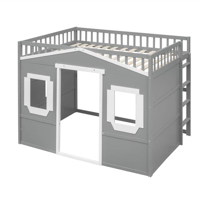 Solid Wood House Loft Bed with Window Design and Ladder, Twin/Full Size Playhouse Bed Loft Bed Frame with Guardrail for Kids