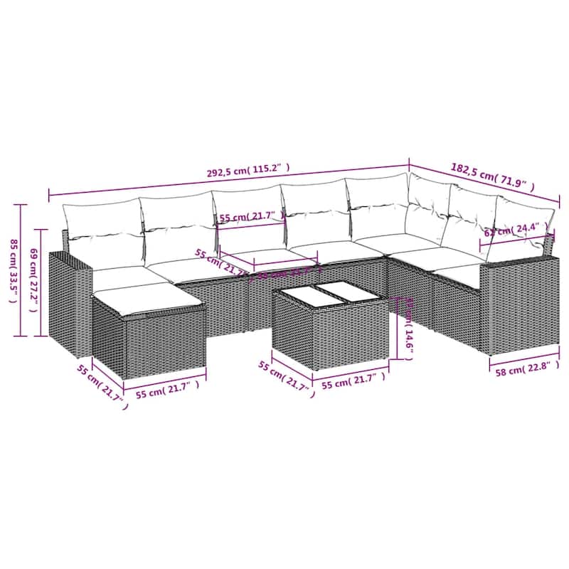 vidaXL Patio Sofa Set with Cushions Outdoor Conversation Furniture Poly Rattan - 25.8" x 24.4" x 27.2"