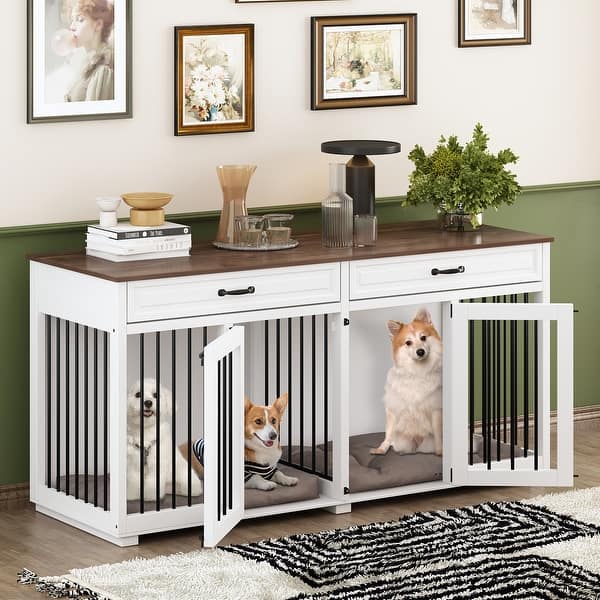 Wooden Double Dog Crate Kennel Furniture with Drawers Divider