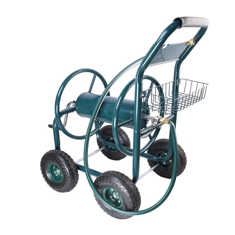 Heavy-Duty 4-Wheel Garden Hose Reel Cart - Portable with Storage Basket, Rust-Resistant