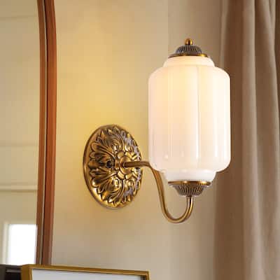 1-Light Vintage Antique Brass Finish Lantern Shaped Wall Light with Milk/Green Glass for Bedroom, Hallways
