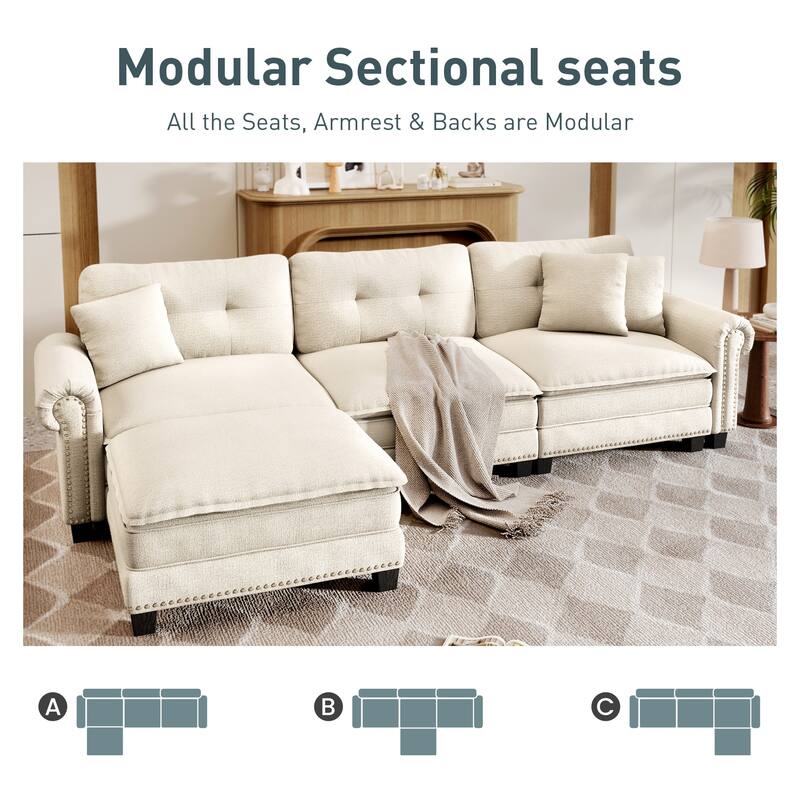 MAISON ARTS Mid-Century Modern Oversized L/U Shaped Cloud Couch with Ottoman, Deep Seat Sectional Sofa with Throw Pillows