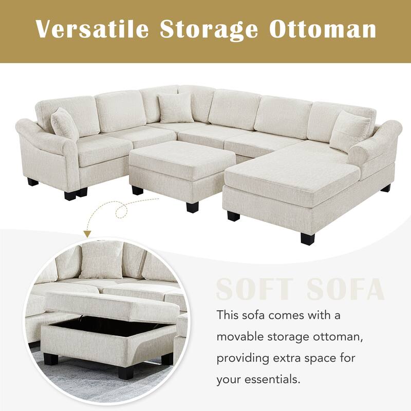 111.8" U-Shaped Chenille Sectional Sofa with Movable Storage Ottoman, Roll Arms and Accent Pillows for Living Room
