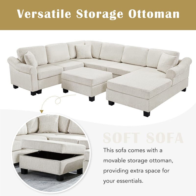 Roomfitters U-Shaped Chenille Sectional Sofa with Storage Ottoman, Modern Upholstered Couch for Living Room