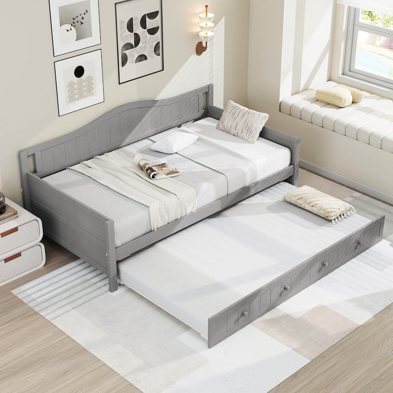 Costway Twin Size Daybed with Trundle Solid Wood Sofa Bed with Slats