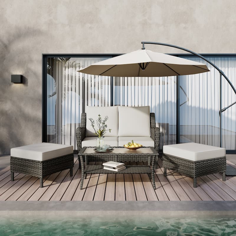 5 Pieces Outdoor Rattan Patio Furniture Set - Beige-Grey - Grey Rattan