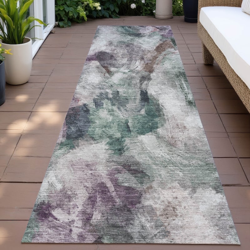 Machine Washable Indoor/Outdoor Modern Brushstrokes Chantille Rug - Green - 2'3" x 7'6"