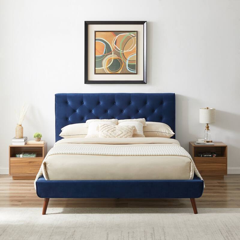 Queen Size Velvet Mid-Century Platform Bed with Tufted Headboard and Solid Wood Frame