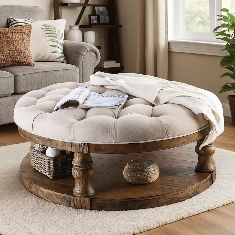 Cushioned Top Wooden Coffee Table with Bottom Shelf, Brown and Beige