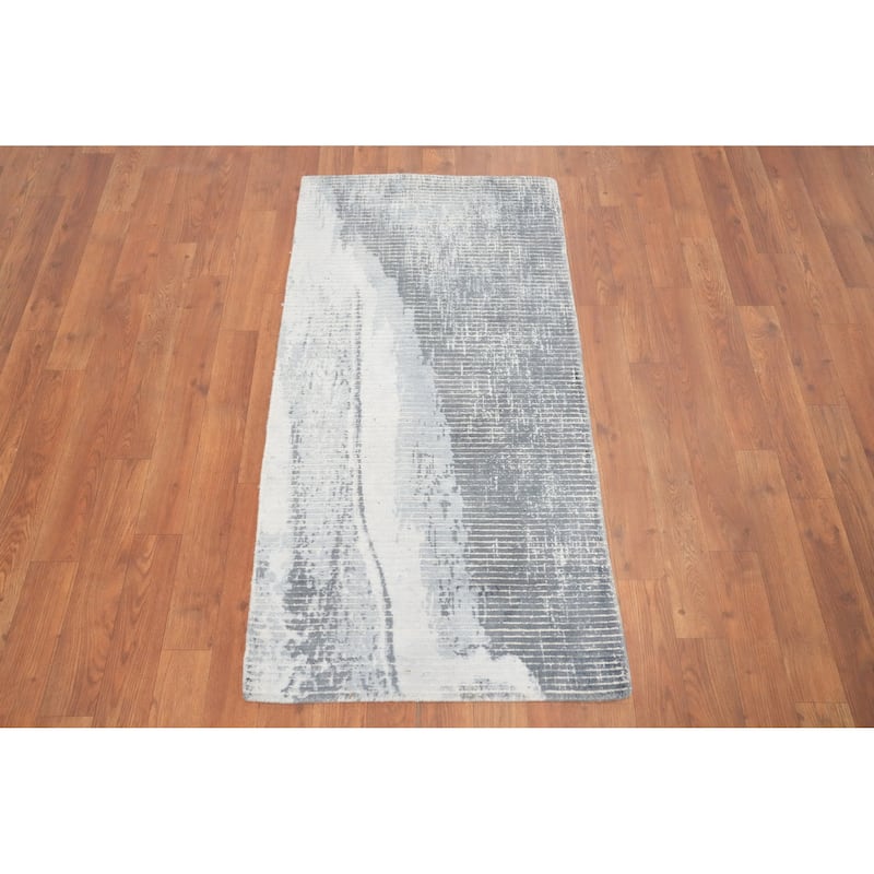 Hand Knotted Oriental Viscose Silk Carpet Modern All-Over Greys & Charcoal Abstract Area Rug - 4' 0'' X 2' 0''