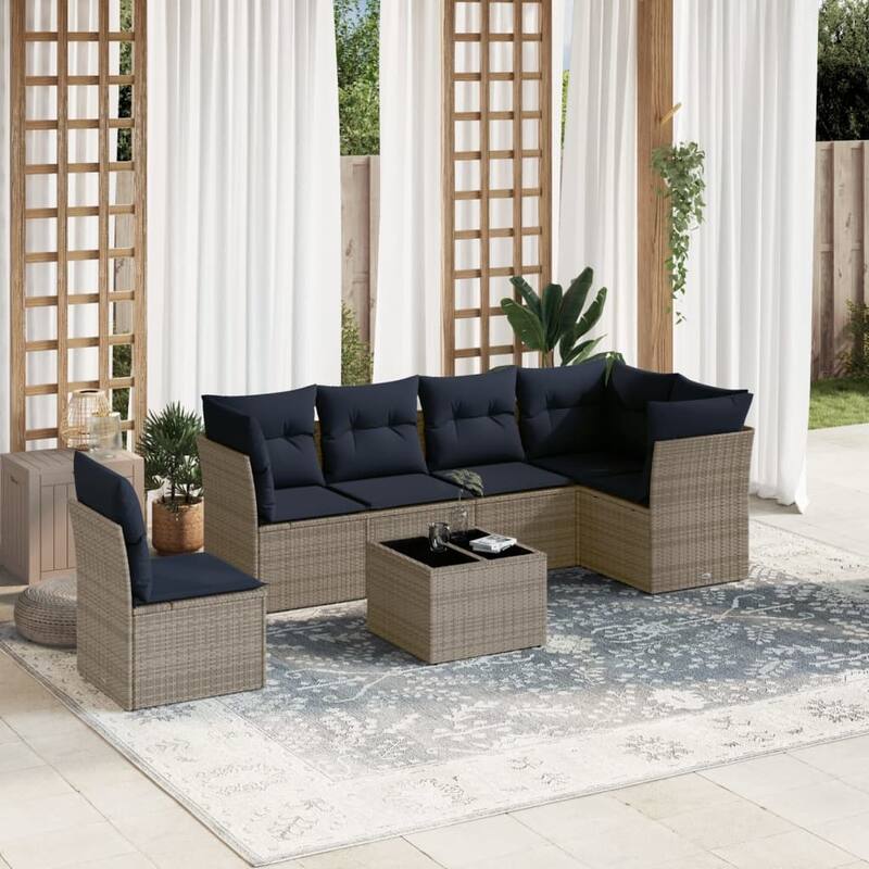 vidaXL 6/7 Piece Patio Sofa Set with Cushions Brown/Gray Poly Rattan - 21.7 x 24.4 x 27.2 - Beige and gray With table