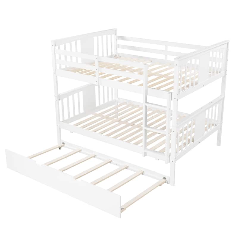 Full Pine Bunk Bed with Trundle and Ladder, Convertible to Two Beds