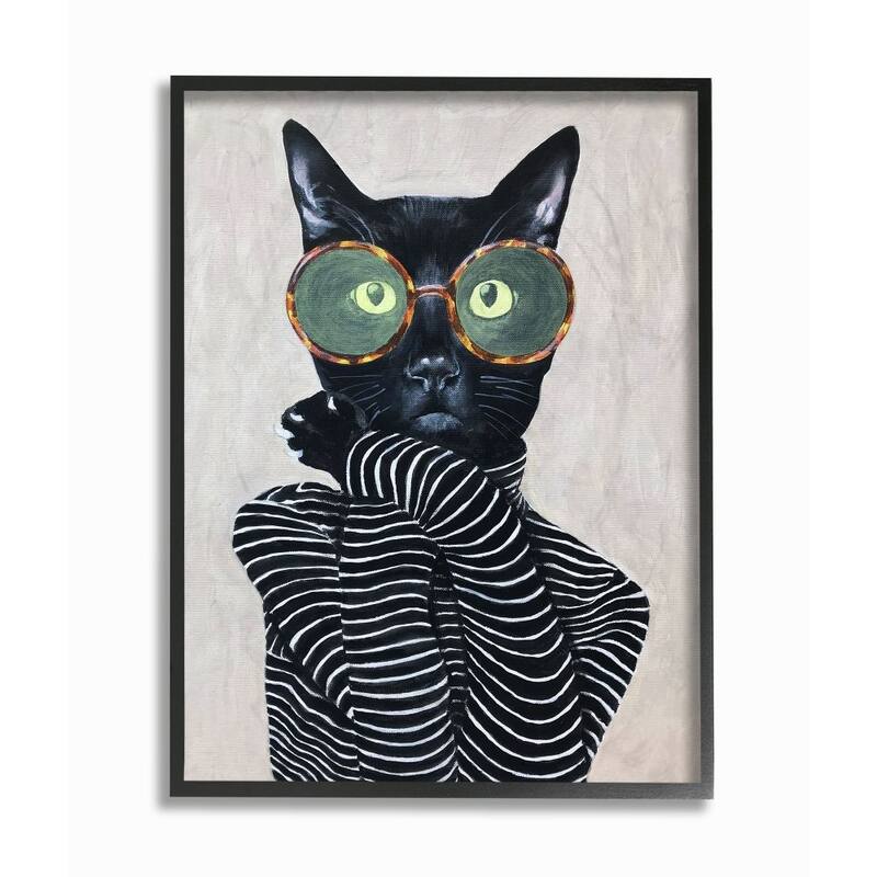 Stupell Fashion Feline Striped Shirt And Round Glasses Cat Framed Art, 11x14, Design By Artist Coco de Paris - 16 x 20