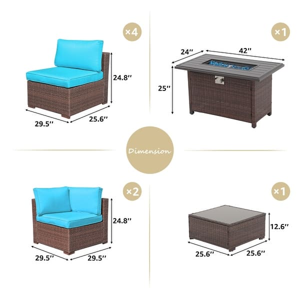 dimension image slide 2 of 9, Outdoor 8 Pieces Sectional Wicker Sofa Set with Fire Pit