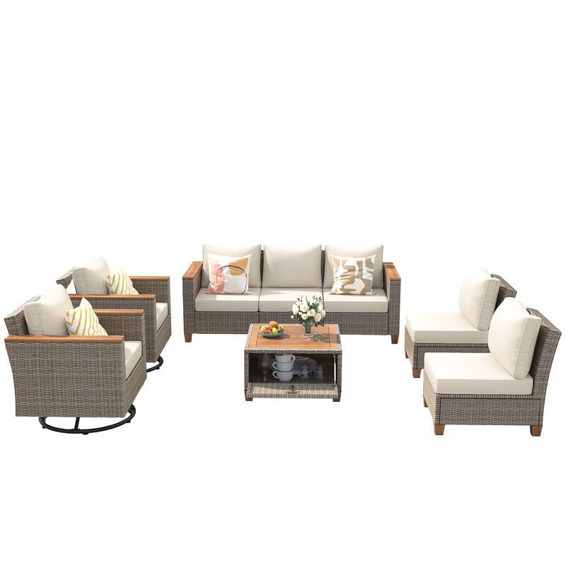 8-Piece Patio Furniture Set with Storage Table and Rattan Swivel Rocking Chairs, Outdoor Wicker Conversation Set for Backyard