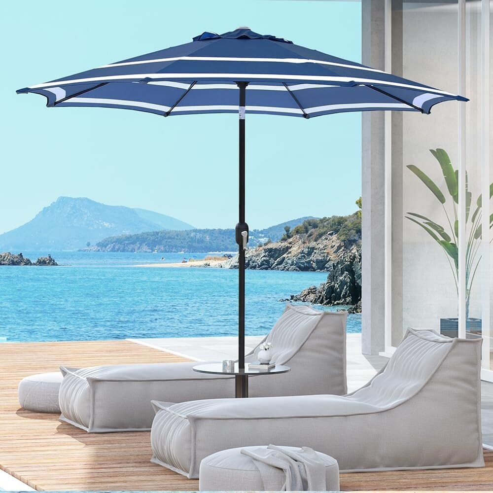 9 Ft Outdoor Patio Umbrella with Tilt and Crank, Weather Resistant, UV Protective, Navy/White