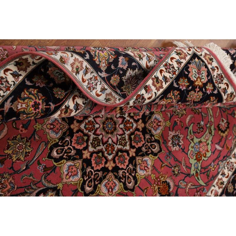 Floral Pink Tabriz Persian Rug Handmade Wool & Silk Carpet - 4'1"x 7'0"