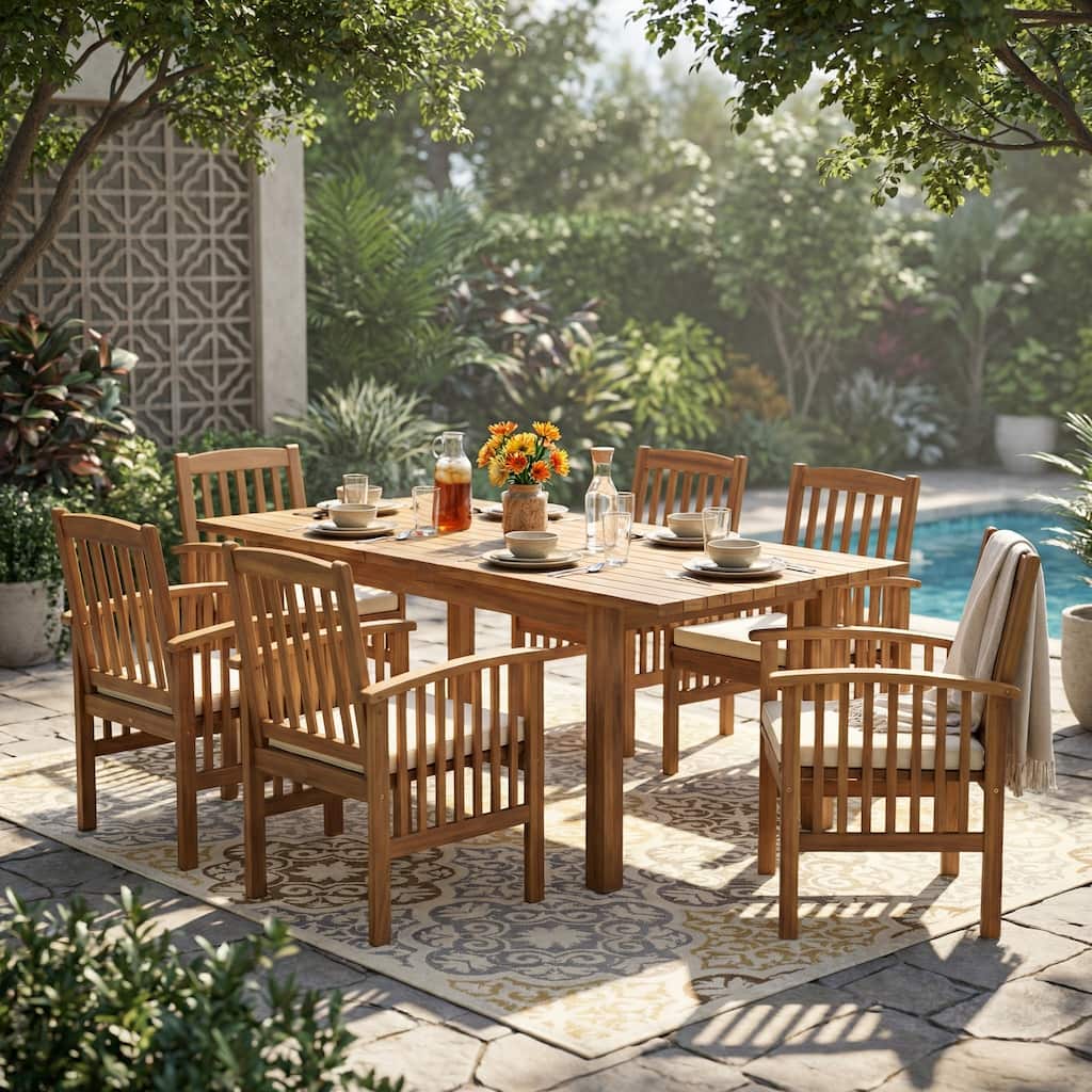 Christopher Knight Home - Solid Acacia Wood Extendable 7-Piece Outdoor Dining Set with Cushioned Chairs