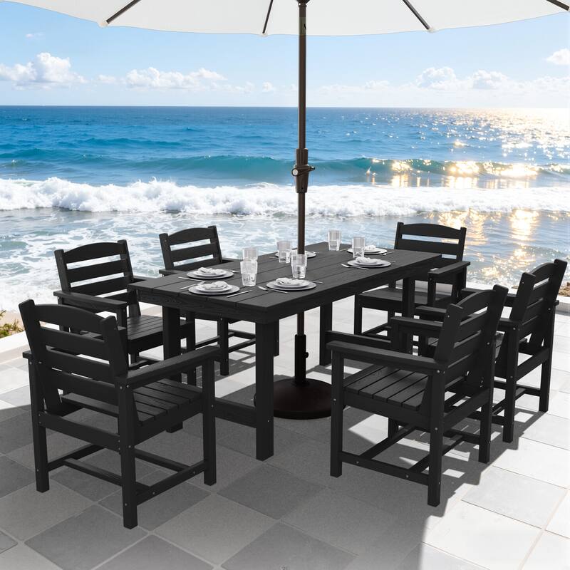 7-Piece HDPE Outdoor Dining Table Sets with Umbrella Hole - 1-Table 6-Chairs