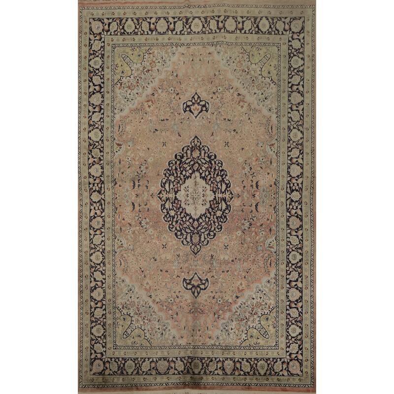 Hand Knotted Oriental Silk Carpet Traditional Floral Peach Kashmir Area Rug - 8' 0'' X 5' 8''