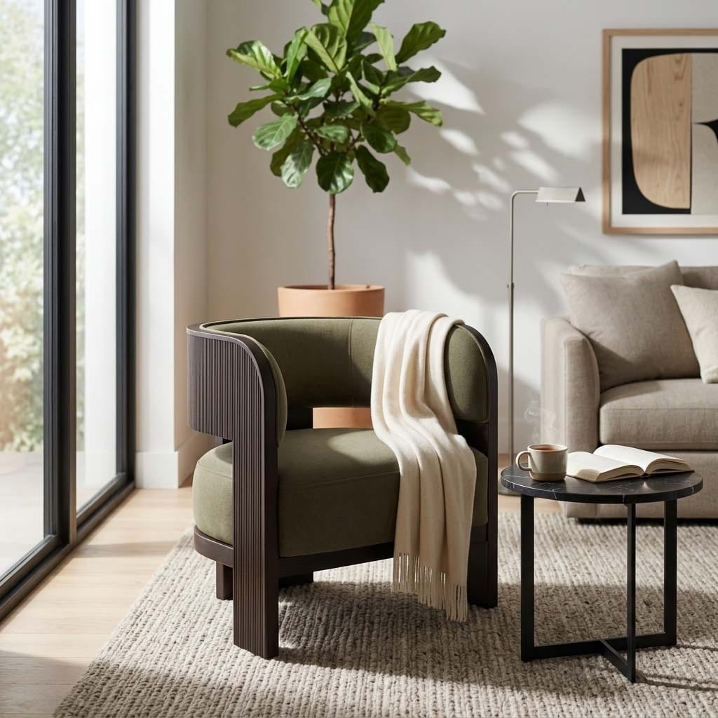 Barrel Accent Chair with Curved Back - 32", Green & Brown - 32.0"