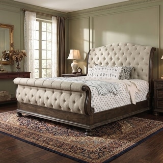 Furniture of America Brev Rustic Beige Button Tufted Fabric Sleigh Bed