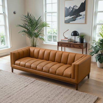 Jasmine Mid-Century Modern Channel Tufted Leather Sofa