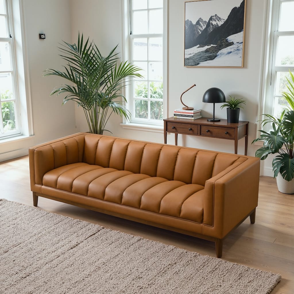 Jasmine Mid-Century Modern Channel Tufted Leather Sofa