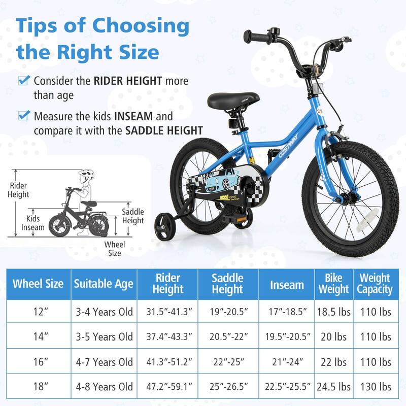 Costway 12"/14"/16"/18" Kids Training Bike with Removable Training