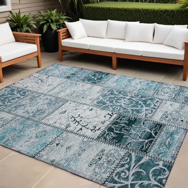 Alfifi Patchwork Weather Resistant Timeless Fusion Round Outdoor Rug - 10' X 14' - Teal