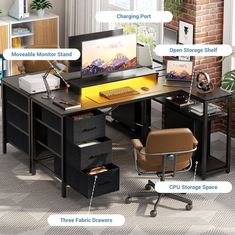 Reversible 53'' L Shaped Computer Desk with Power Outlets & LED Lights,Gaming Desk with 3 Drawers & Monitor Stand