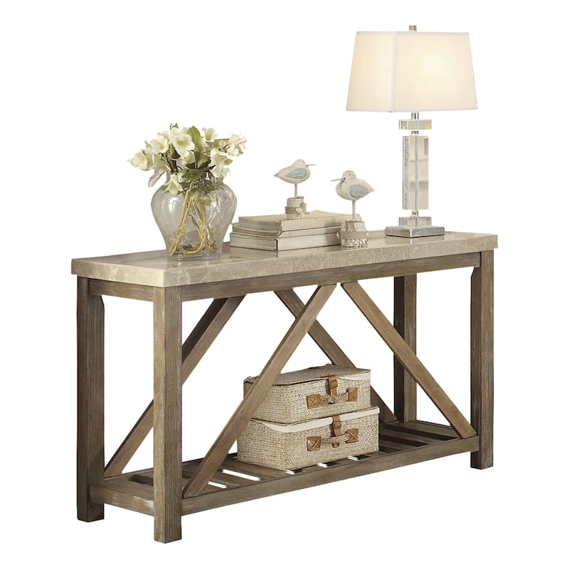 Rectangular Wooden Sofa Table With Slated Bottom Shelf, Gold Brown